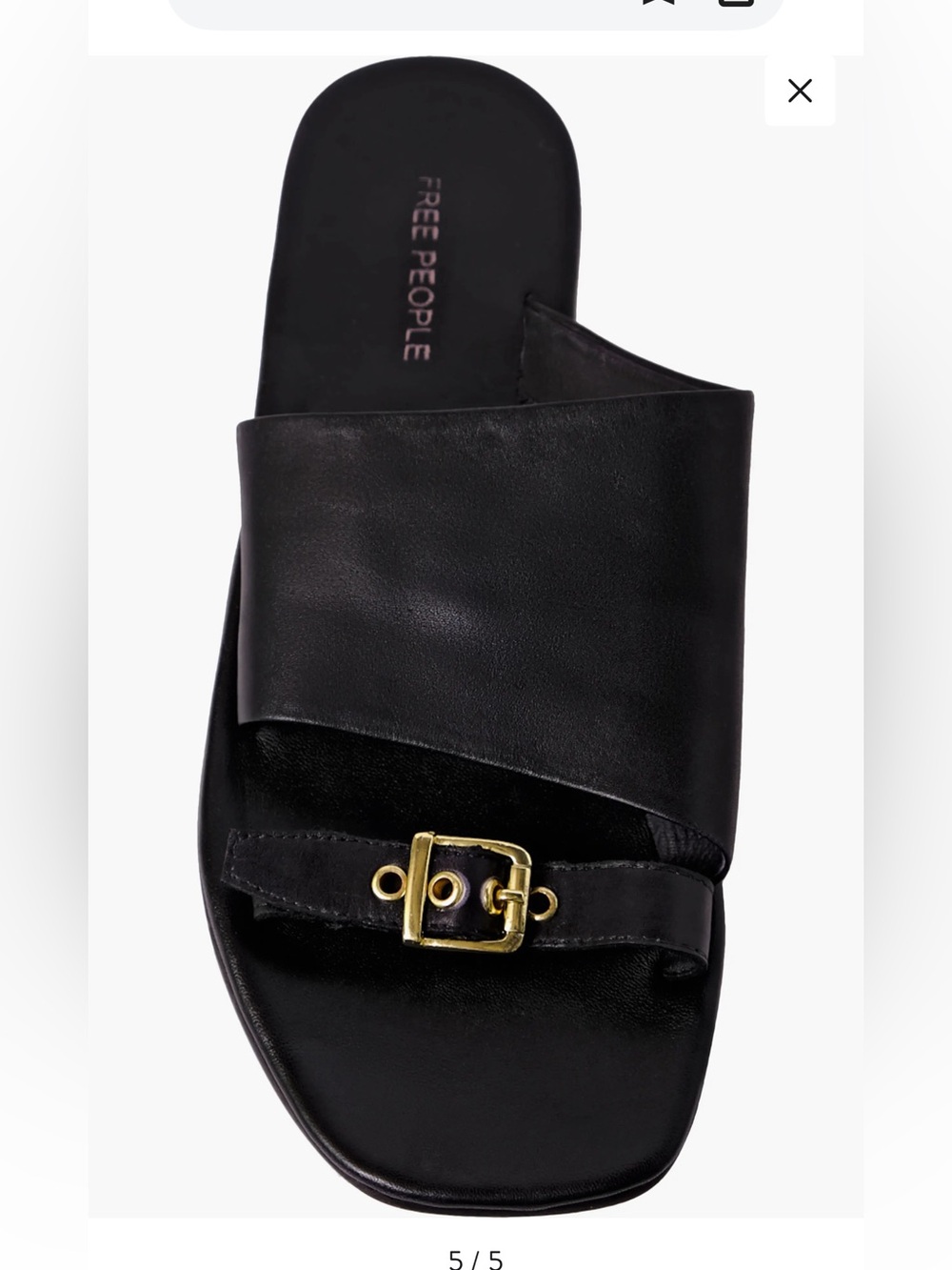 Free People Black Leather Slide Sandal with Gold Buckle Accent